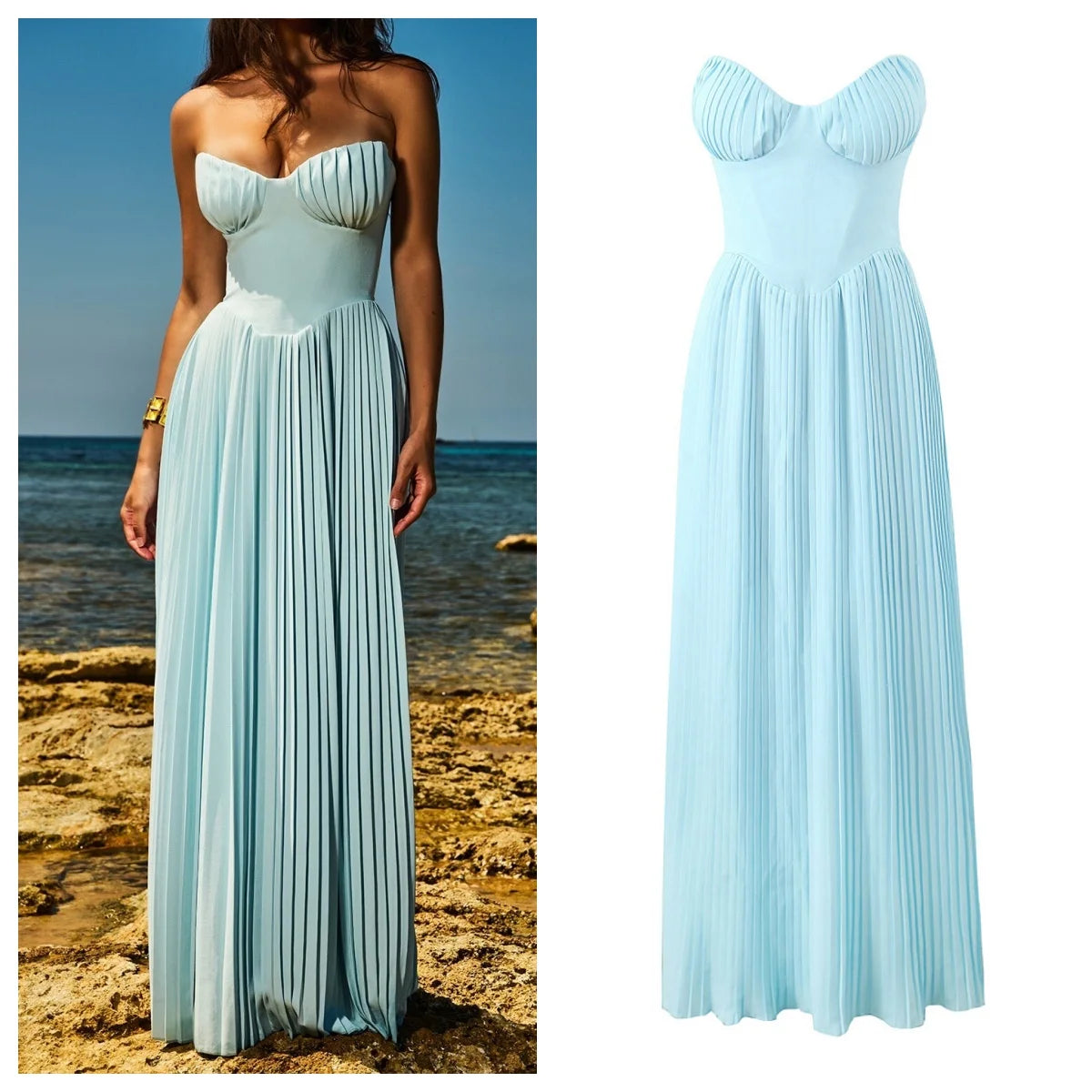 one-shoulder dress with pleated skirt