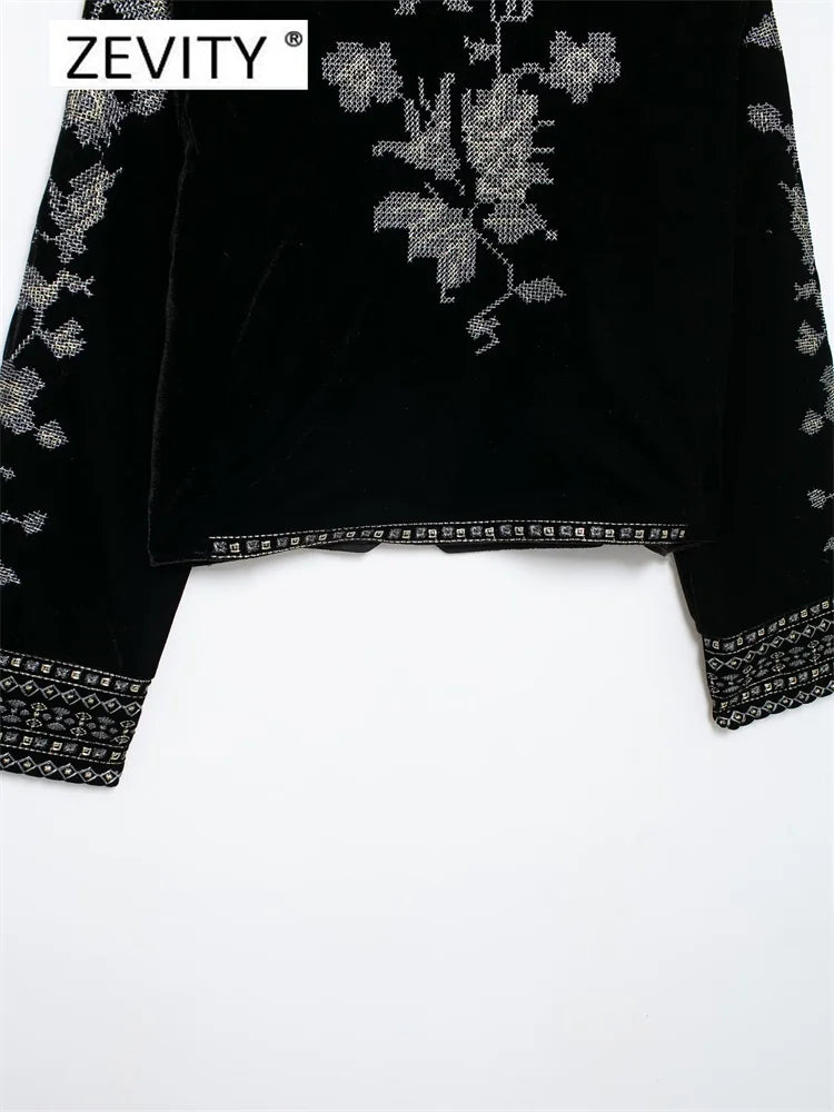 Floral Embroidery Short Velvet Coat