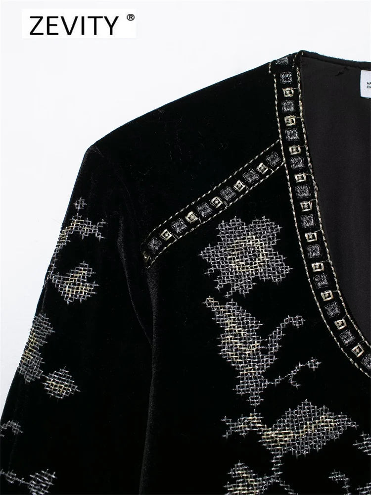 Floral Embroidery Short Velvet Coat