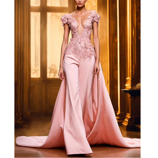 Pink Embroidery Lace Formal Jumpsuit