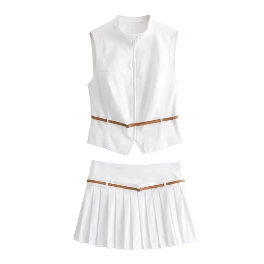 Belt and Tank Top Wide pleated Skirt Set