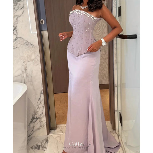 Purple Strapless Rhinestones Dress