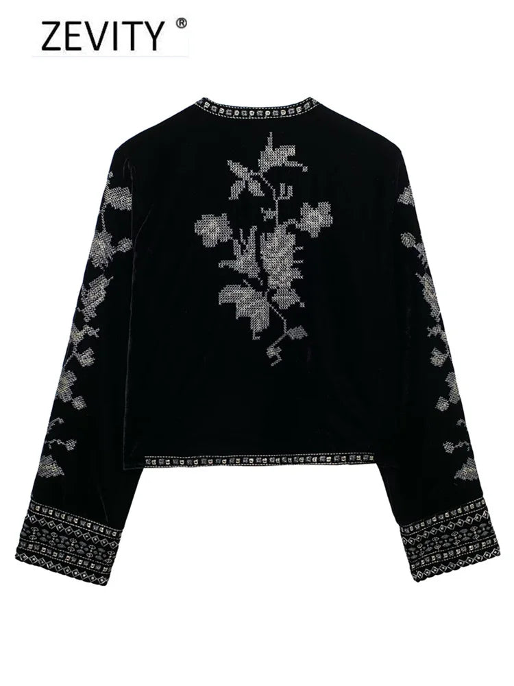 Floral Embroidery Short Velvet Coat