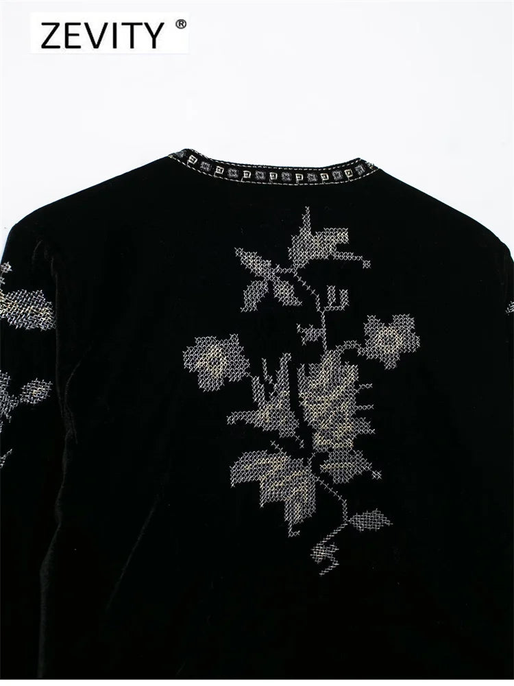 Floral Embroidery Short Velvet Coat