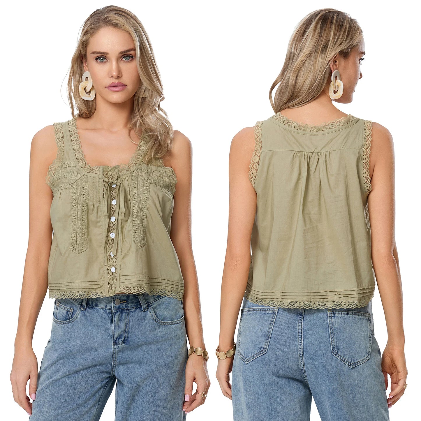 Button-up Lace Tank Tops