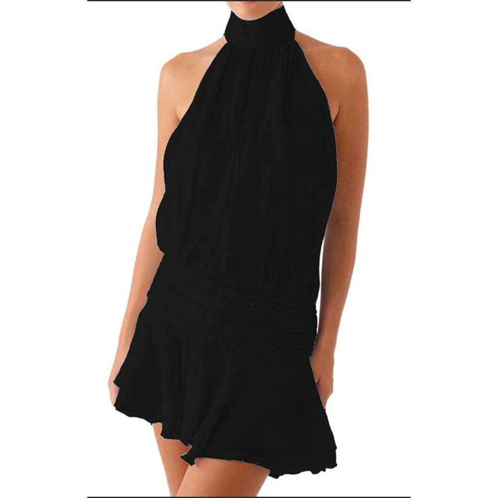Choker Neck Pleated Low Waist Mini Dress