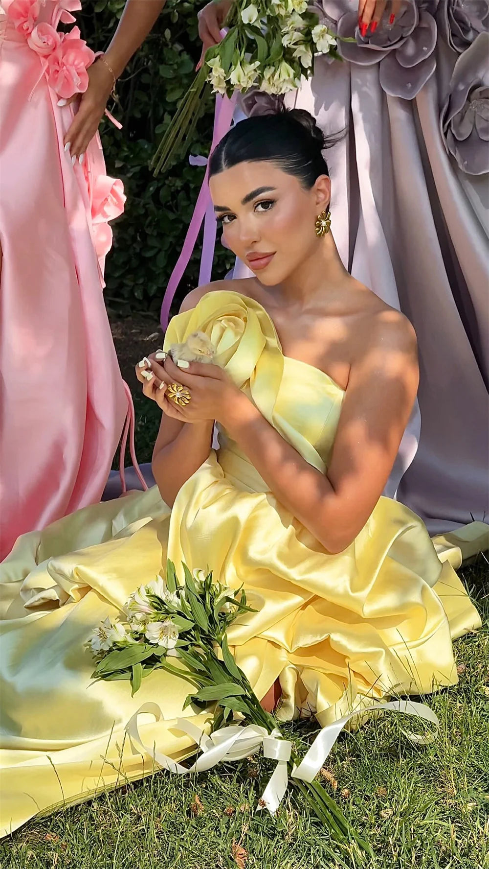 Yellow Strapless Tiered Ruffle Dress