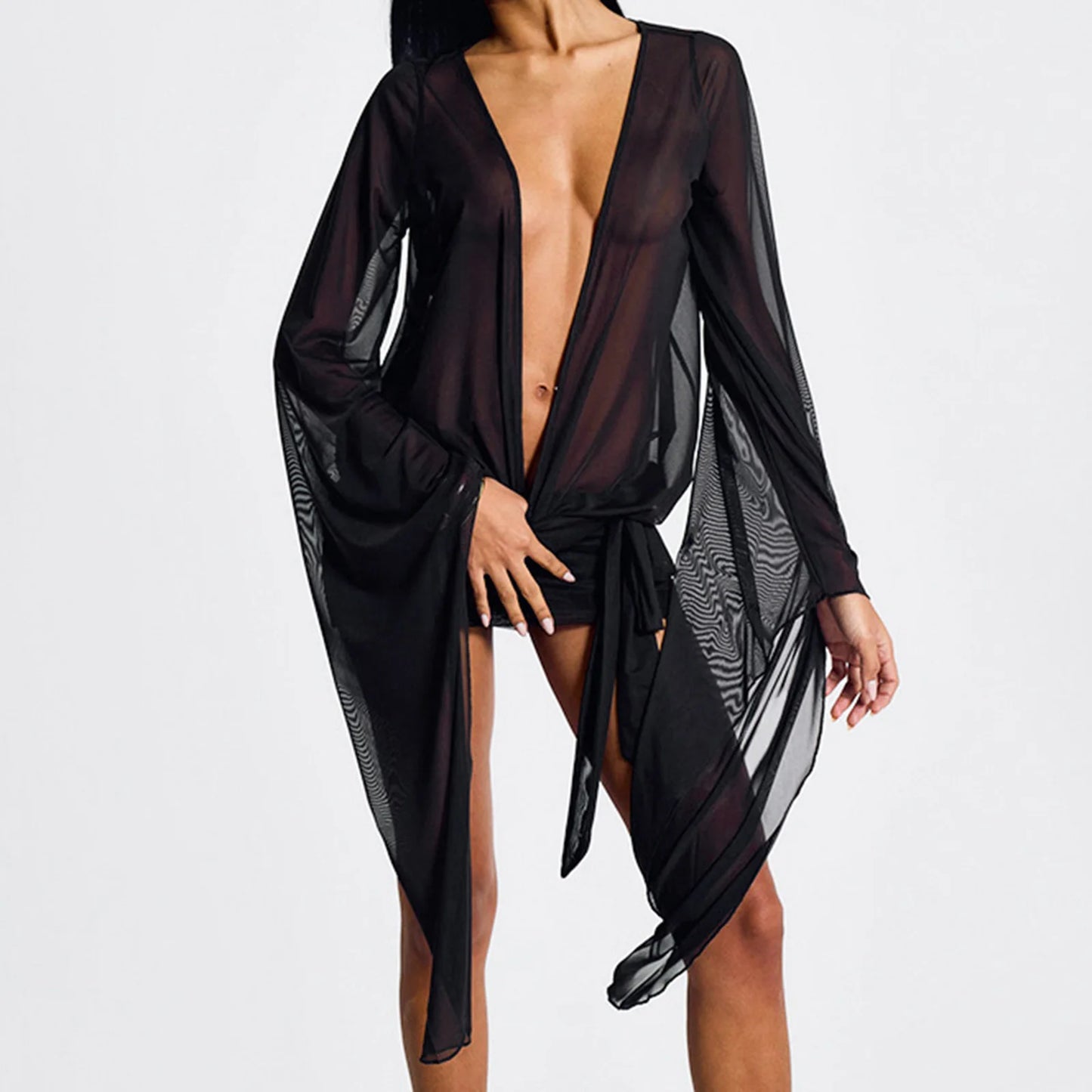 Long Sleeve Halter Deep V Neck Dress
