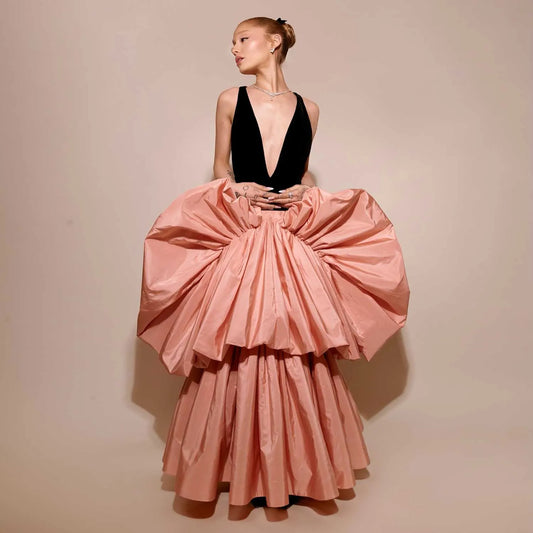 Deep V Neck Pleated Taffeta Evening Dress