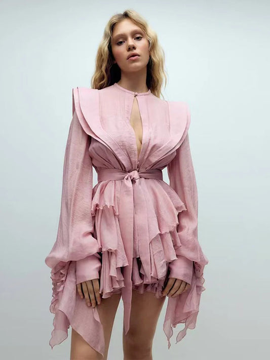 Flounce Lace Up Short Dress