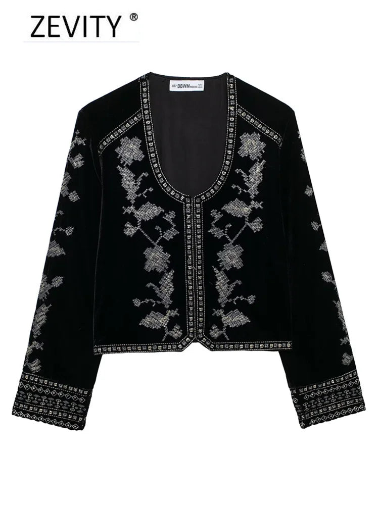 Floral Embroidery Short Velvet Coat