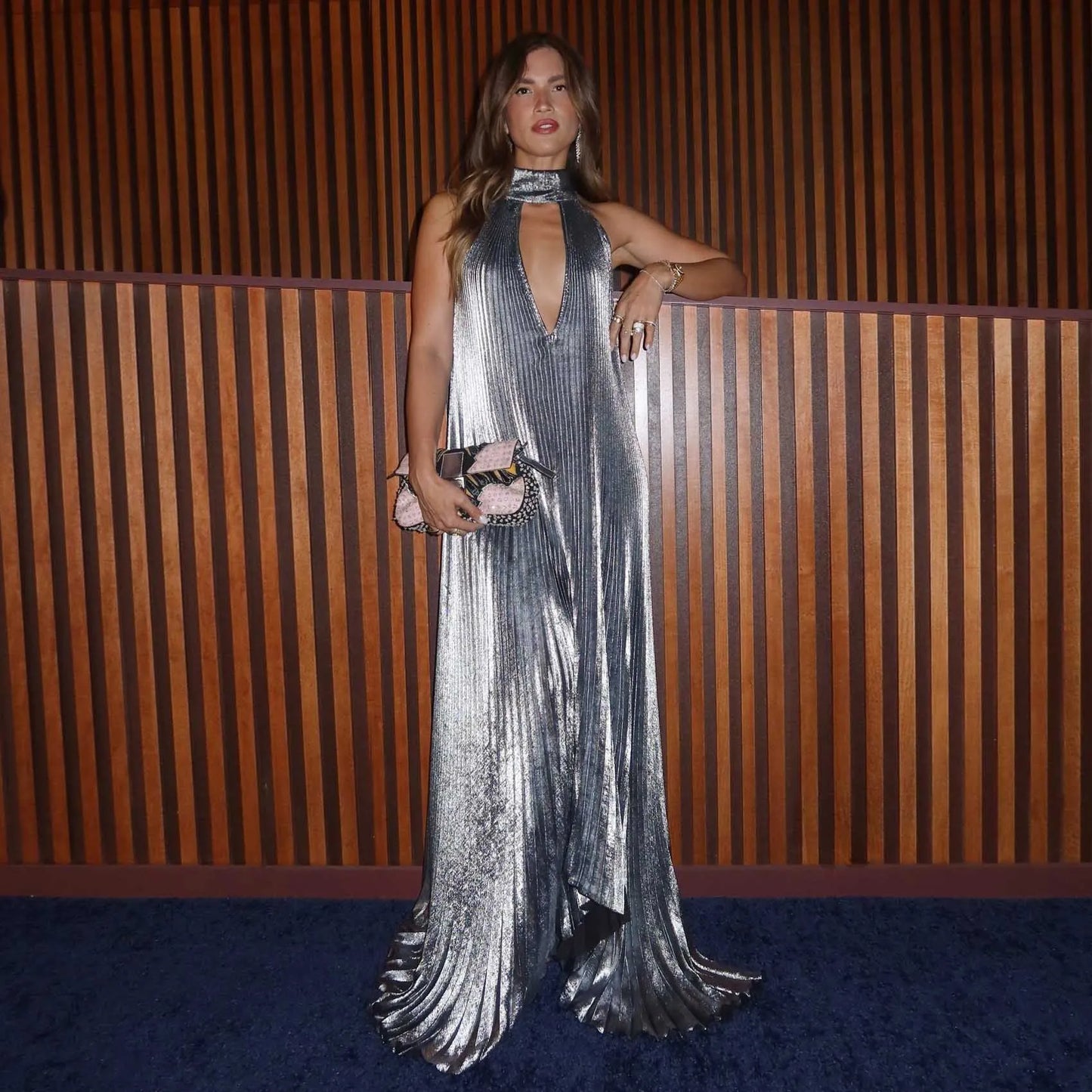 Shiny Silver Gray Pleated Evening Dress