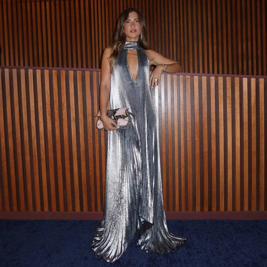 Shiny Silver Gray Pleated Evening Dress