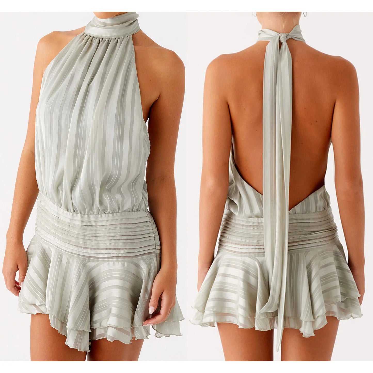 Choker Neck Pleated Low Waist Mini Dress