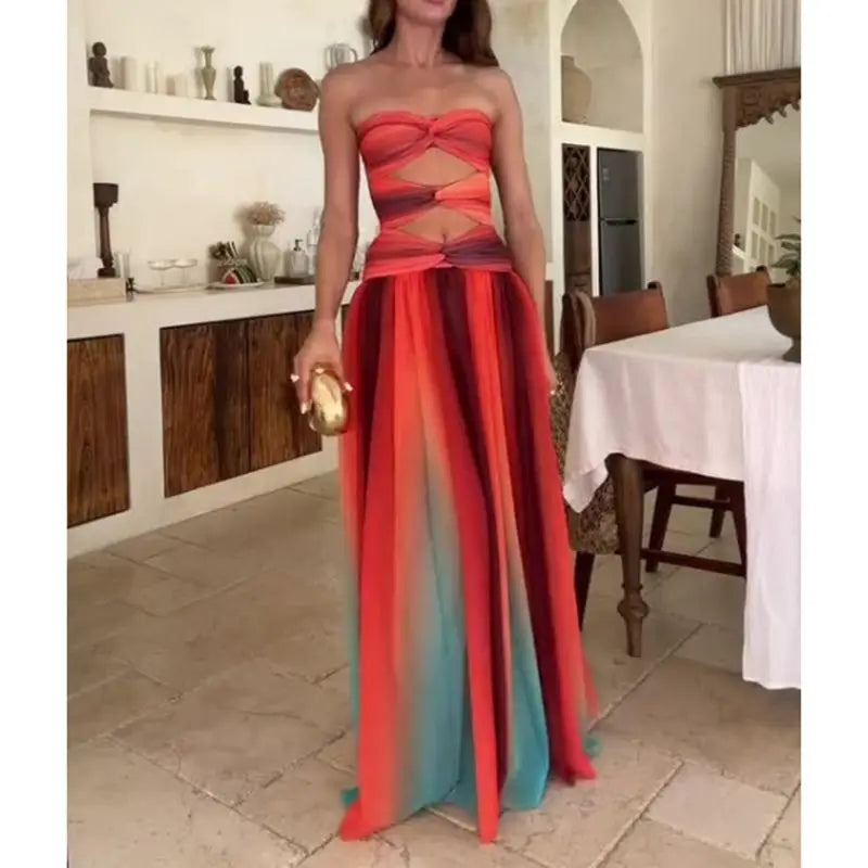 Striped Tie-dye Color Twisted Tube Long Dress