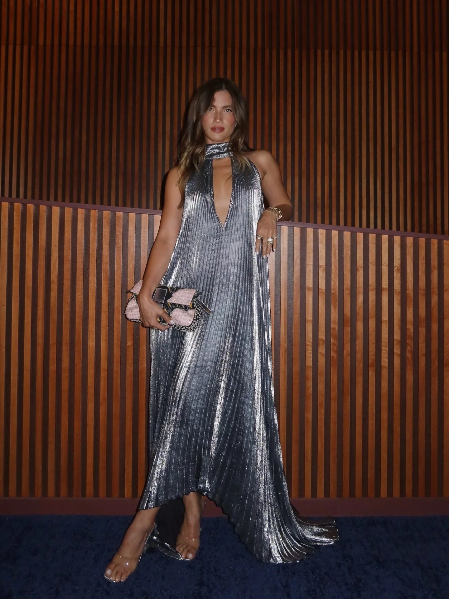 Shiny Silver Gray Pleated Evening Dress