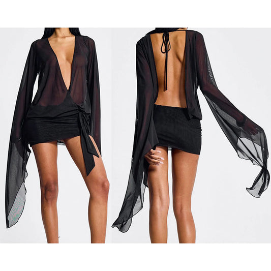Long Sleeve Halter Deep V Neck Dress