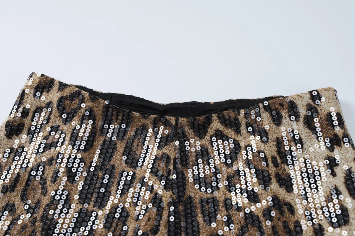 Shiny Sequined Leopard Low Waist Shorts