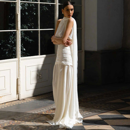 White Chiffon Long Evening Dress