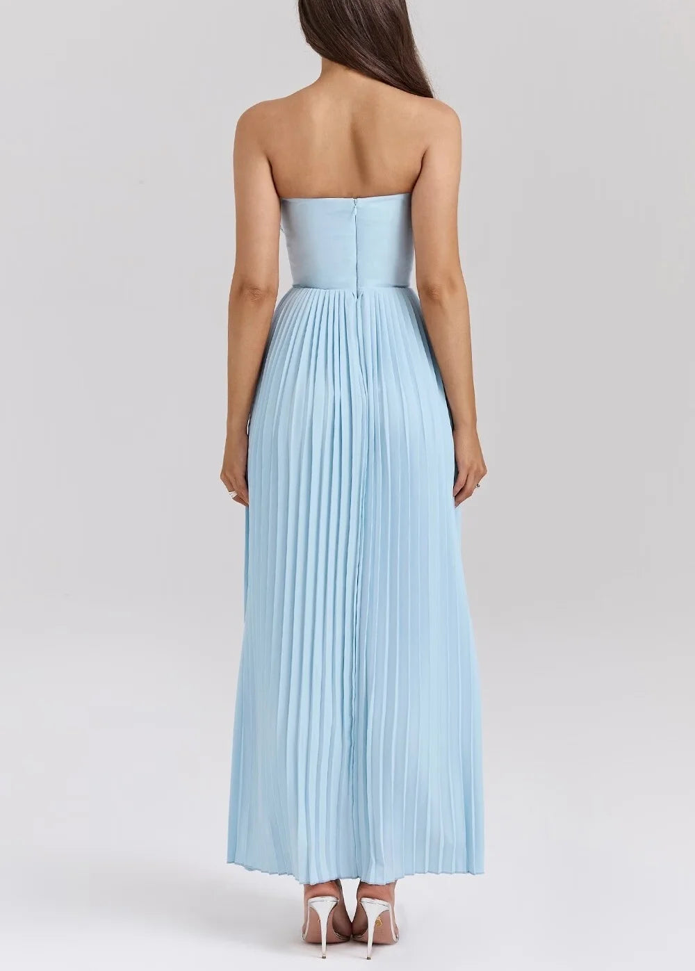 one-shoulder dress with pleated skirt