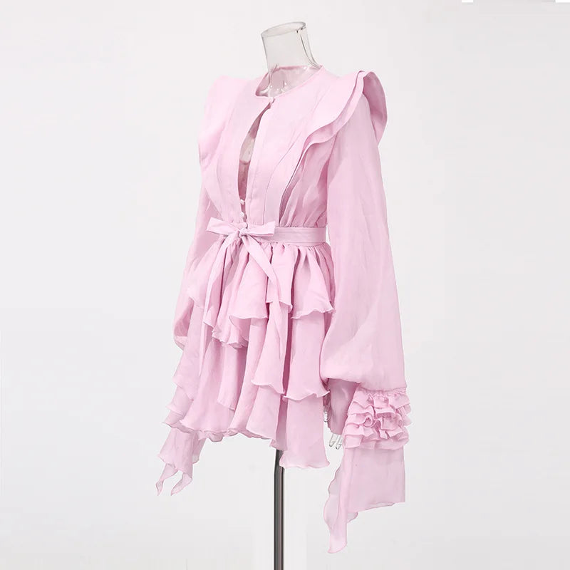 Flounce Lace Up Short Dress