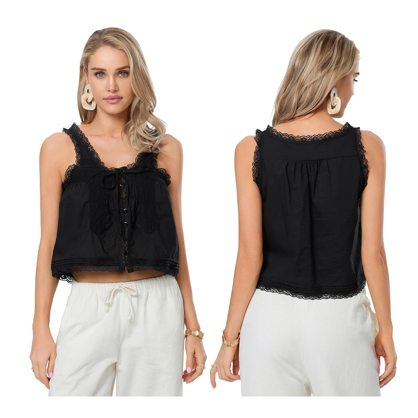 Button-up Lace Tank Tops