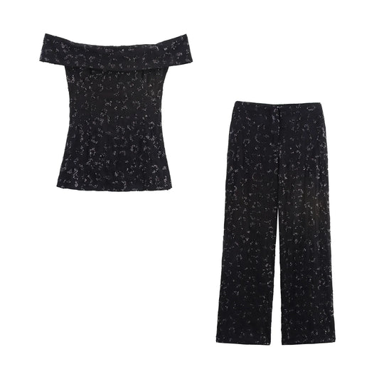 suit sequined tube top with high waist straight pants