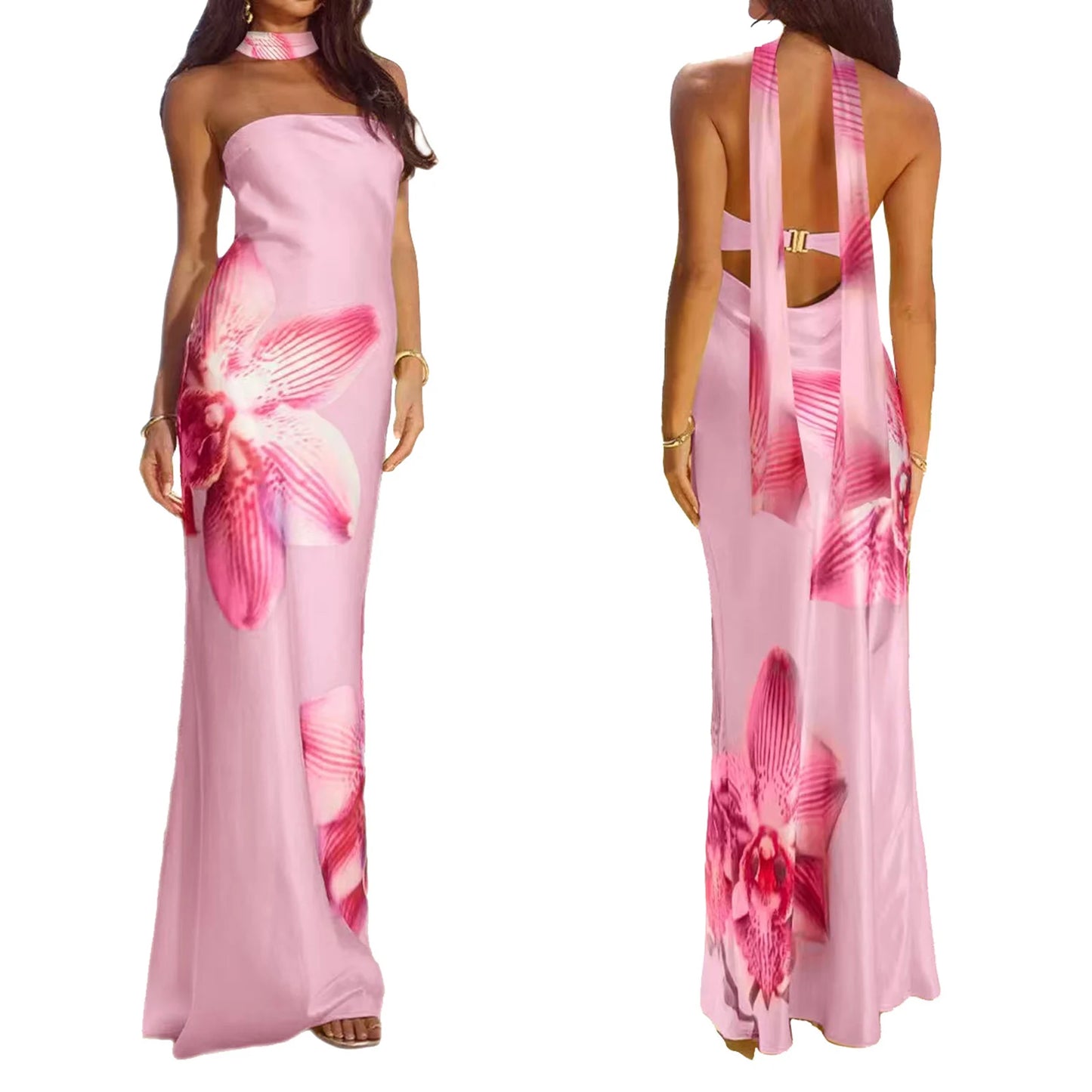 Satin Flower Long Tube Dress with Scarf