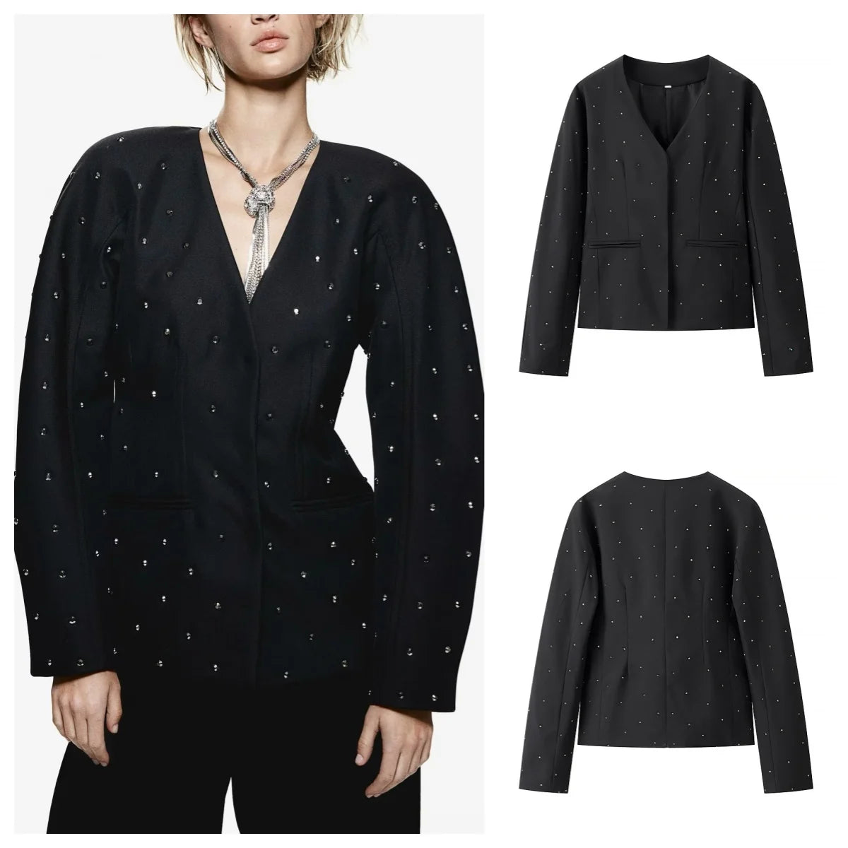 diamond-studded high-end V-neck slim jacket