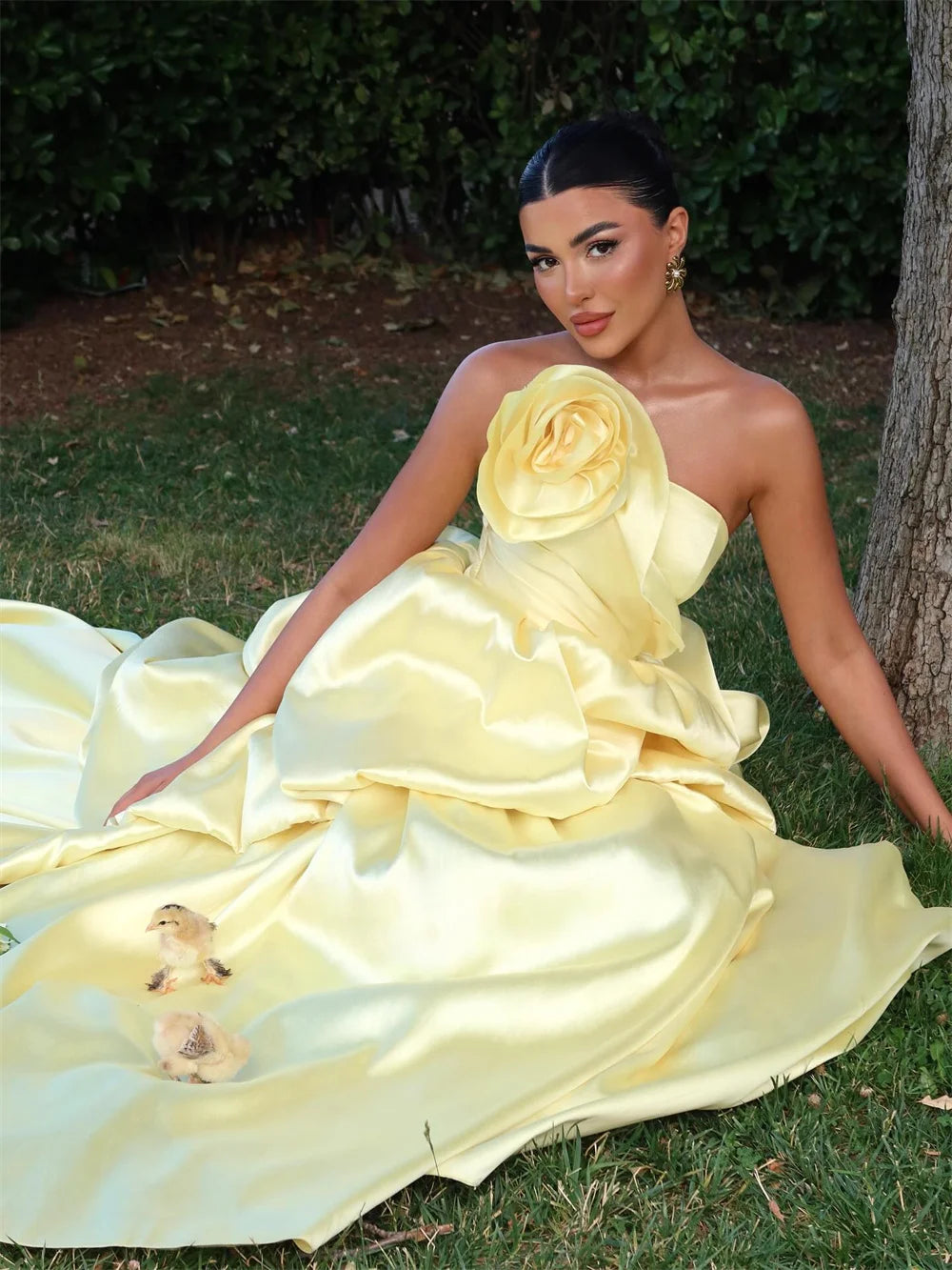 Yellow Strapless Tiered Ruffle Dress
