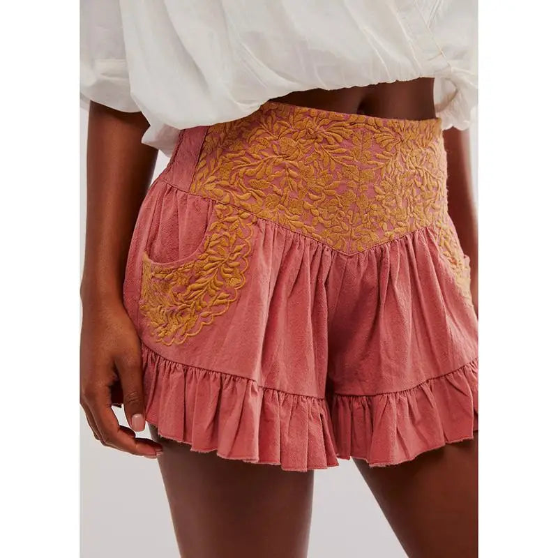 High Waist Flower Embroidery Shorts
