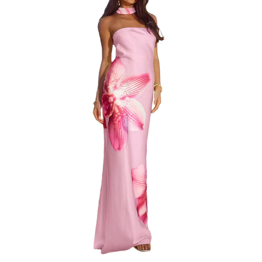 Satin Flower Long Tube Dress with Scarf