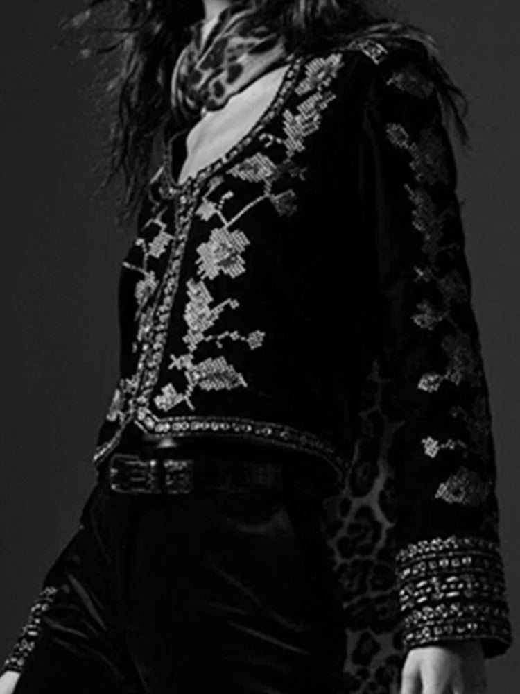 Floral Embroidery Short Velvet Coat
