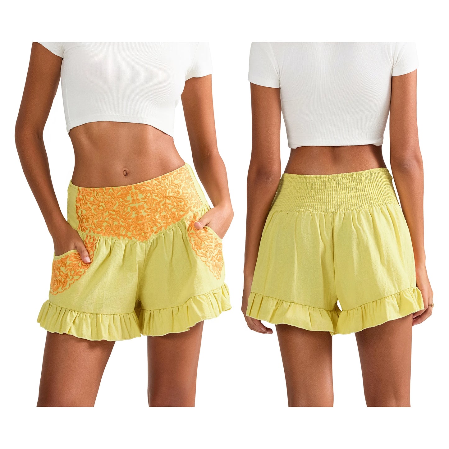 High Waist Flower Embroidery Shorts