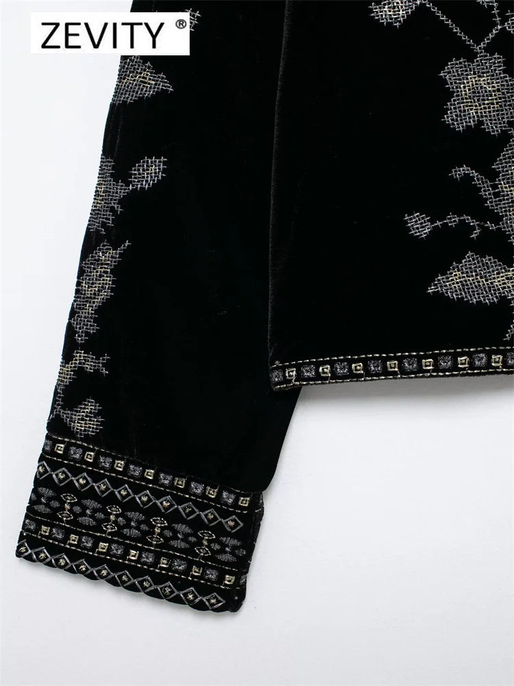 Floral Embroidery Short Velvet Coat