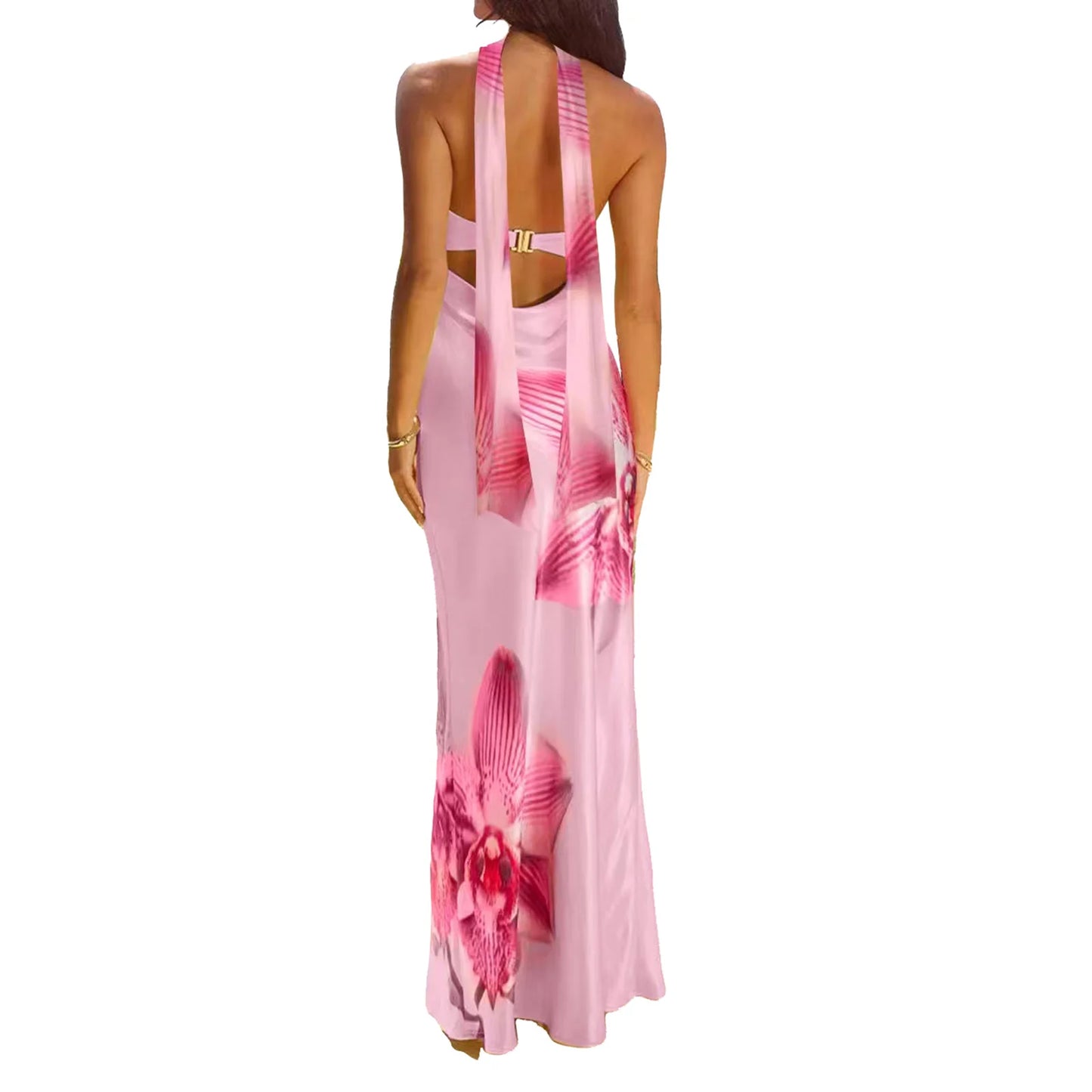Satin Flower Long Tube Dress with Scarf