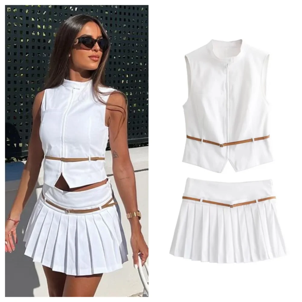 Belt and Tank Top Wide pleated Skirt Set