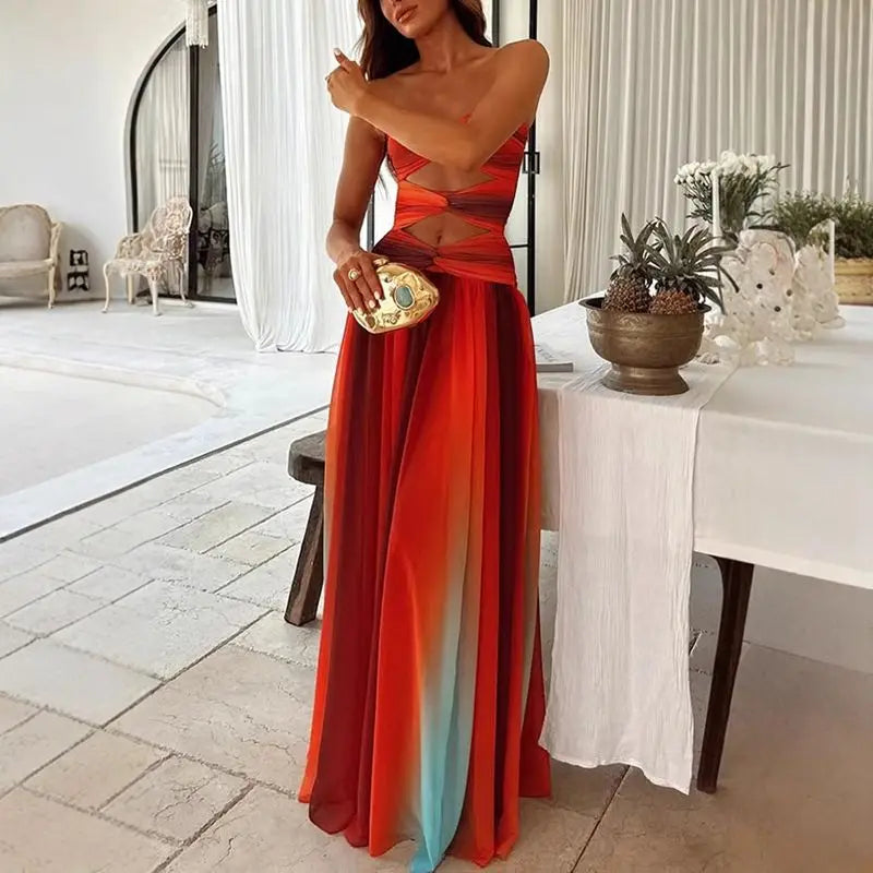 Striped Tie-dye Color Twisted Tube Long Dress