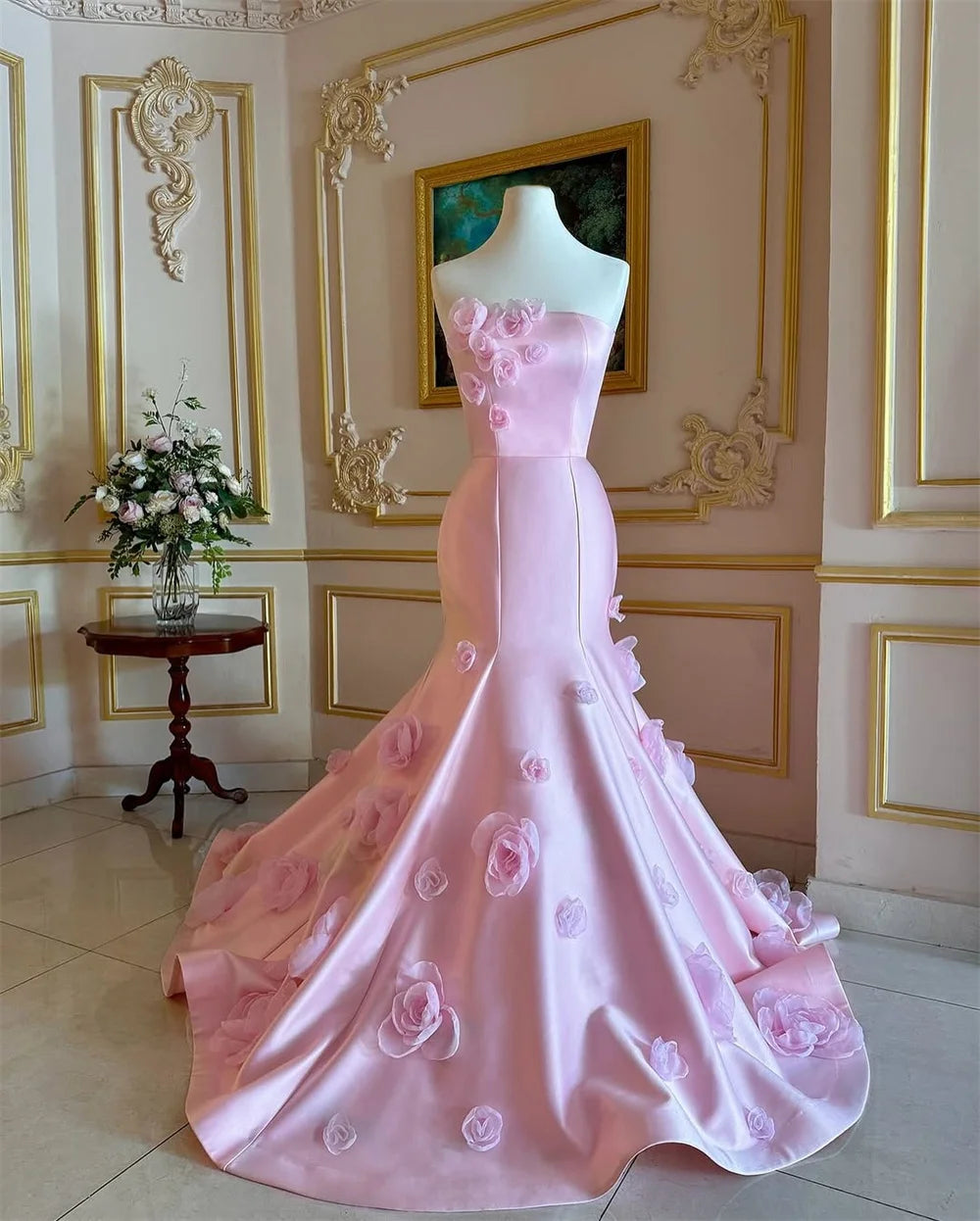 Pink Strapless Flowers Dress